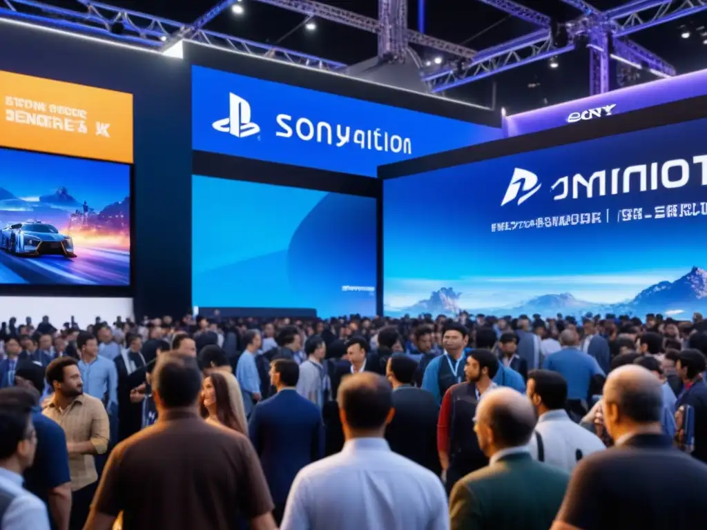 Empresas transformaron imagen eventos juegos: Multitud en el stand de Sony en E3, interactuando con innovaciones de la marca