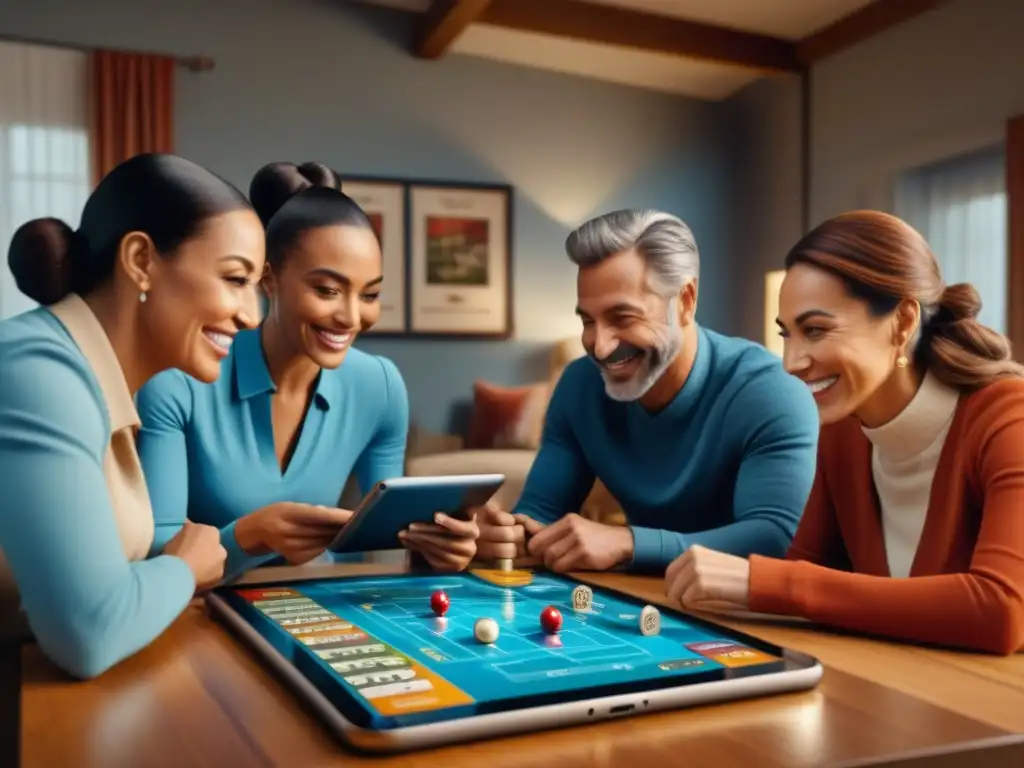 Encantadora familia multigeneracional disfrutando de un juego de mesa digital juntos en una acogedora reunión familiar