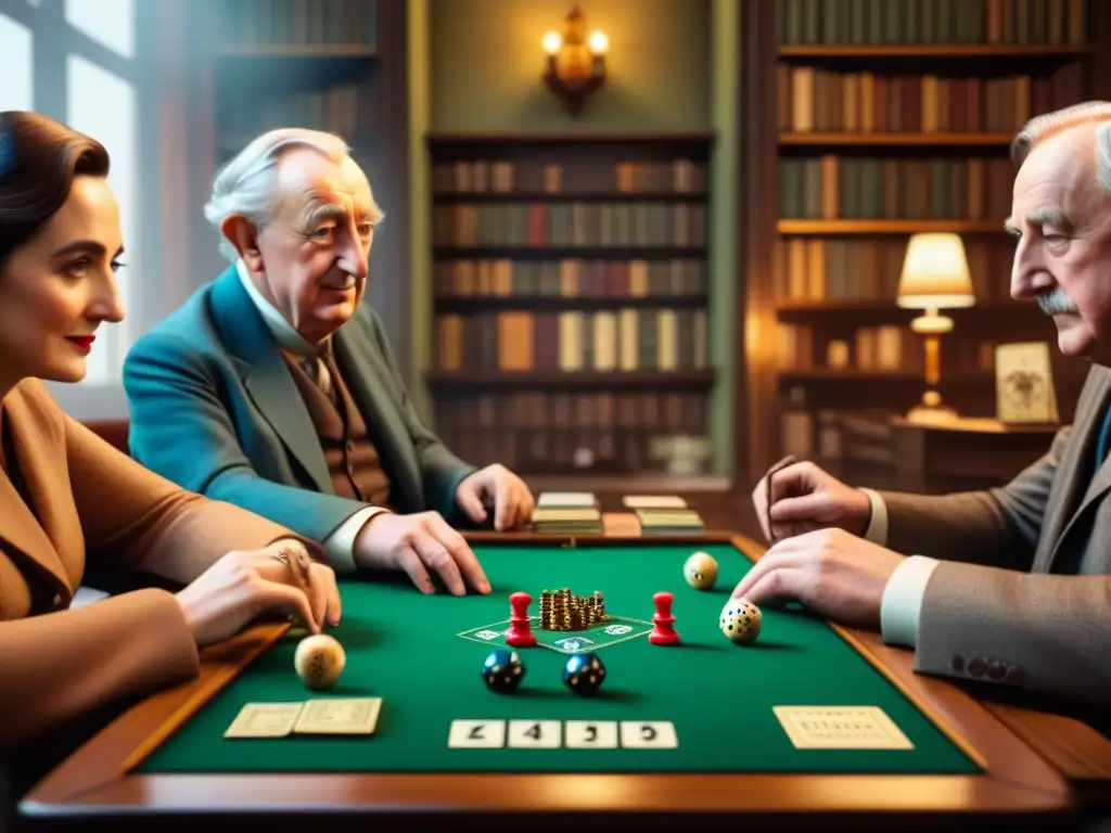 Un encuentro mágico de autores famosos jugando juegos de mesa en un estudio acogedor lleno de libros clásicos