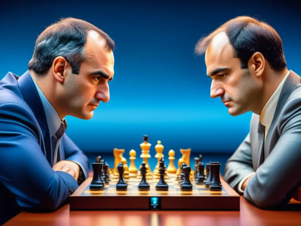 Enfrentamiento épico entre Kasparov y Deep Blue, destacando la tensión y concentración