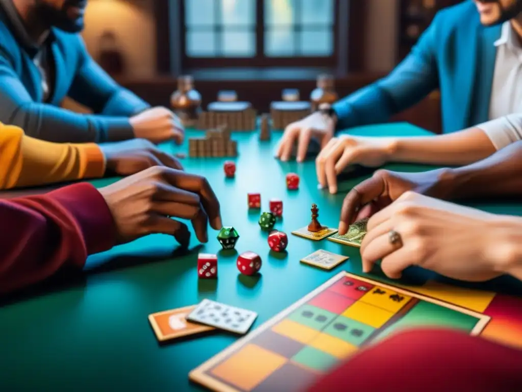 Diversos entusiastas de juegos de mesa disfrutan de una intensa partida estratégica, mostrando emoción y camaradería