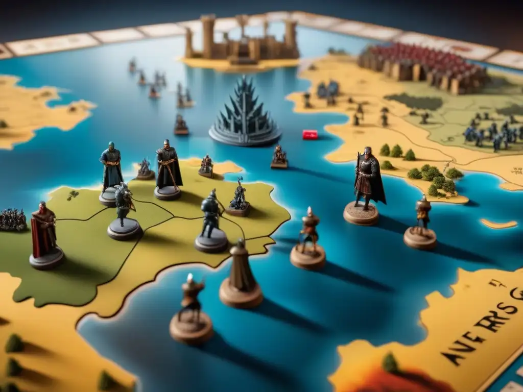 Una épica colaboración entre Risk y Game of Thrones: Jugadores estratégicos en un tablero de juego detallado, concentrados en sus movimientos