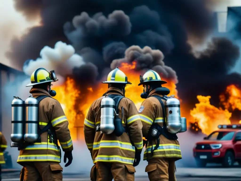 Equipo de bomberos planeando estrategias para Flash Point Fire frente a un edificio en llamas