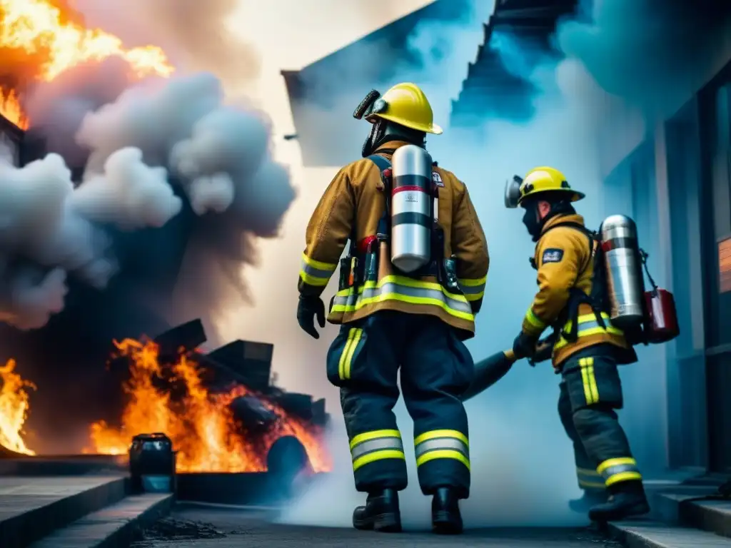 Equipo de bomberos trabajando juntos para contener un incendio, destacando la importancia de las Estrategias para Flash Point Fire