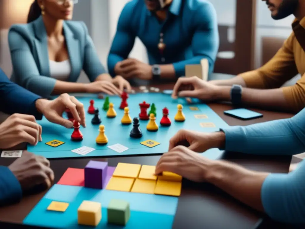 Equipo creativo desarrollando juego de mesa móvil en sala llena de ideas y energía