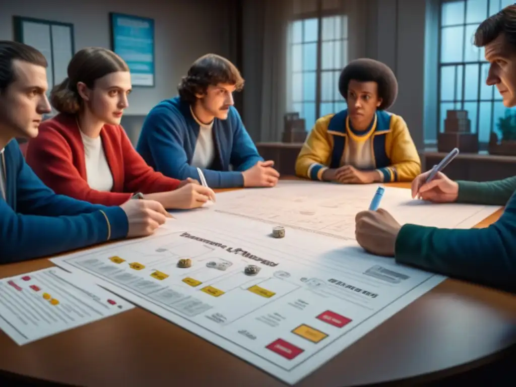 Equipo creativo del Origen Stranger Things Juego de Mesa inmerso en la pasión de diseñar el juego, rodeados de bocetos y notas