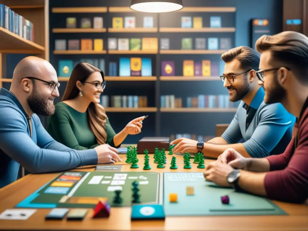 Equipo creativo discute prototipos en mesa llena de juegos, financiar juegos de mesa crowdfunding