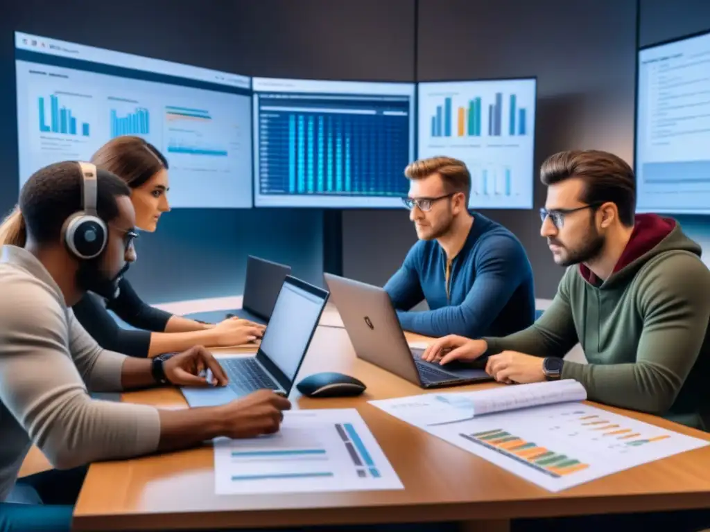 Equipo de desarrolladores de juegos analizando estrategias y datos de jugadores en una sala llena de laptops y gráficos