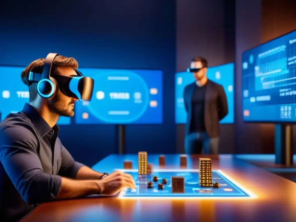 Equipo de desarrolladores adaptando juegos de mesa a Realidad Virtual en un ambiente futurista azul