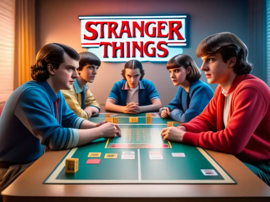 Equipo diverso de creadores de 'Stranger Things: El Juego de Mesa' debate apasionadamente alrededor de prototipos y notas, en una atmósfera creativa