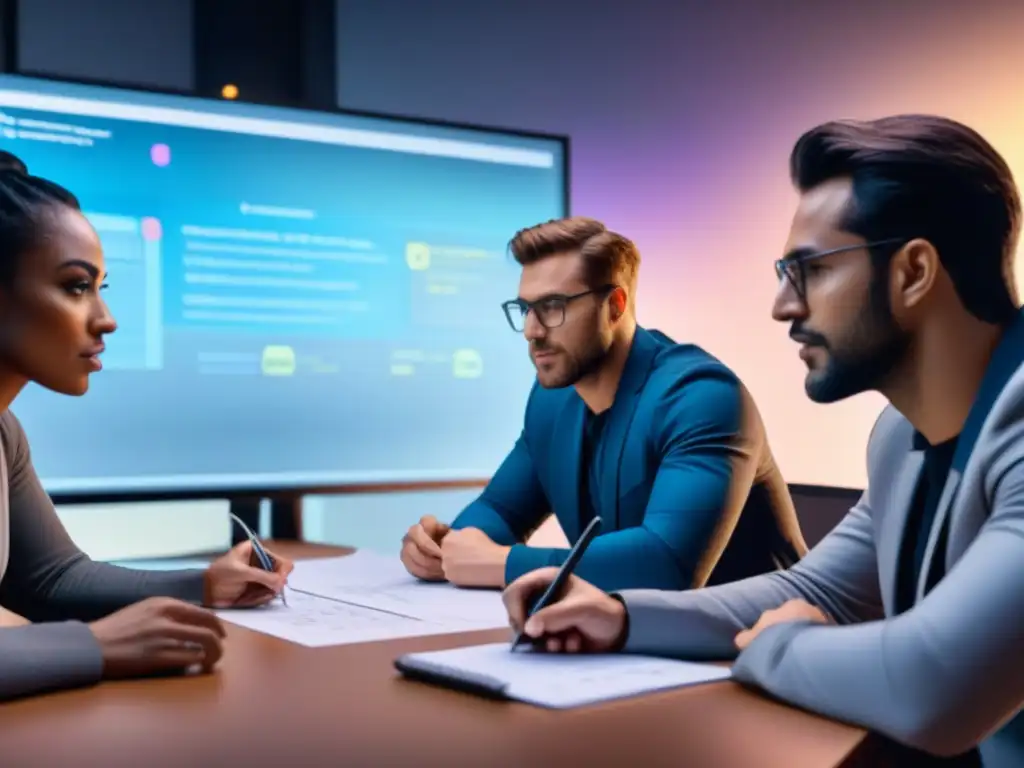 Un equipo diverso de desarrolladores de juegos discute estrategias prelanzamiento en una sala iluminada por pantallas de computadora