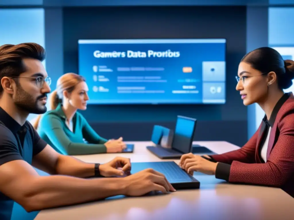 Equipo diverso de desarrolladores de juegos analizando datos y estrategias Un equipo diverso de desarrolladores de juegos analizando datos y estrategias en una mesa de conferencias moderna