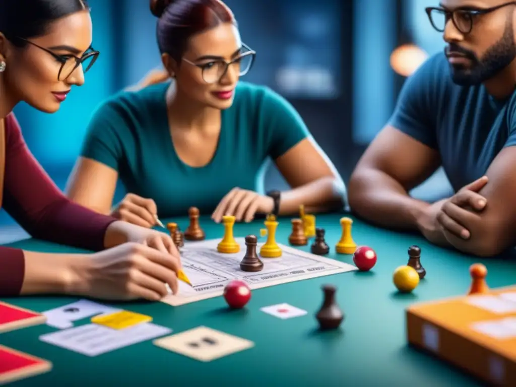 Un equipo diverso de diseñadores de juegos de mesa se reúne en torno a una mesa llena de bocetos y piezas coloridas, inmersos en una animada discusión