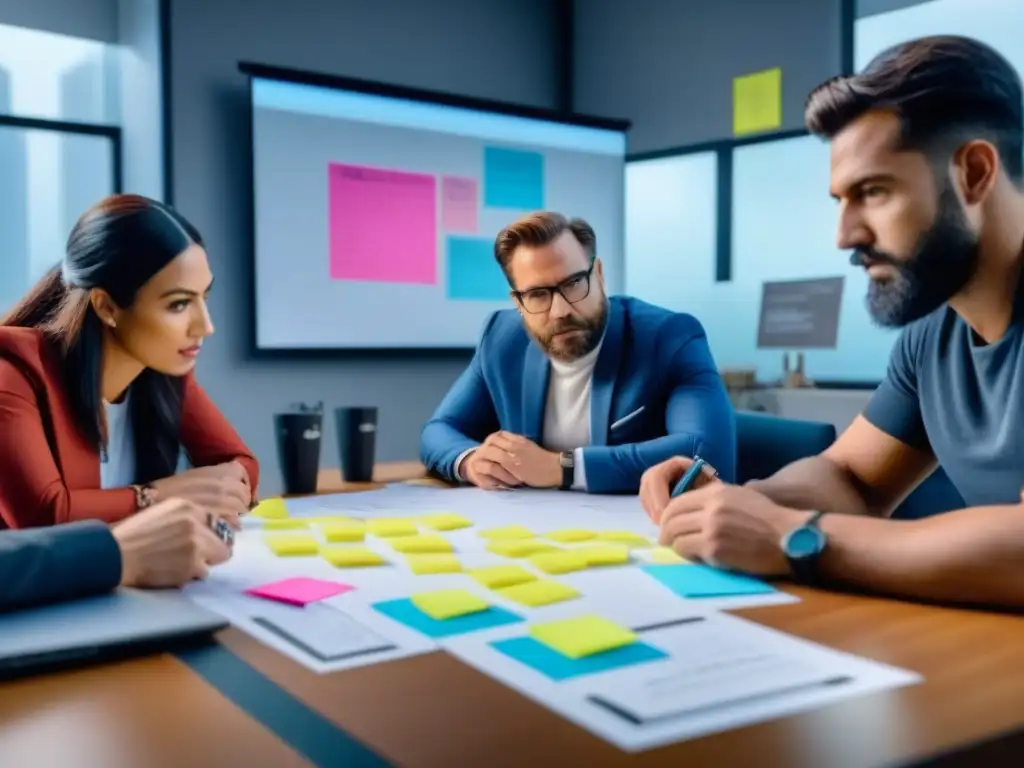 Un equipo diverso de diseñadores de juegos revela estrategias mientras discuten ideas intensamente alrededor de una mesa llena de bocetos, piezas de juego y laptops, con notas adhesivas de colores cubriendo un pizarrón blanco en el fondo