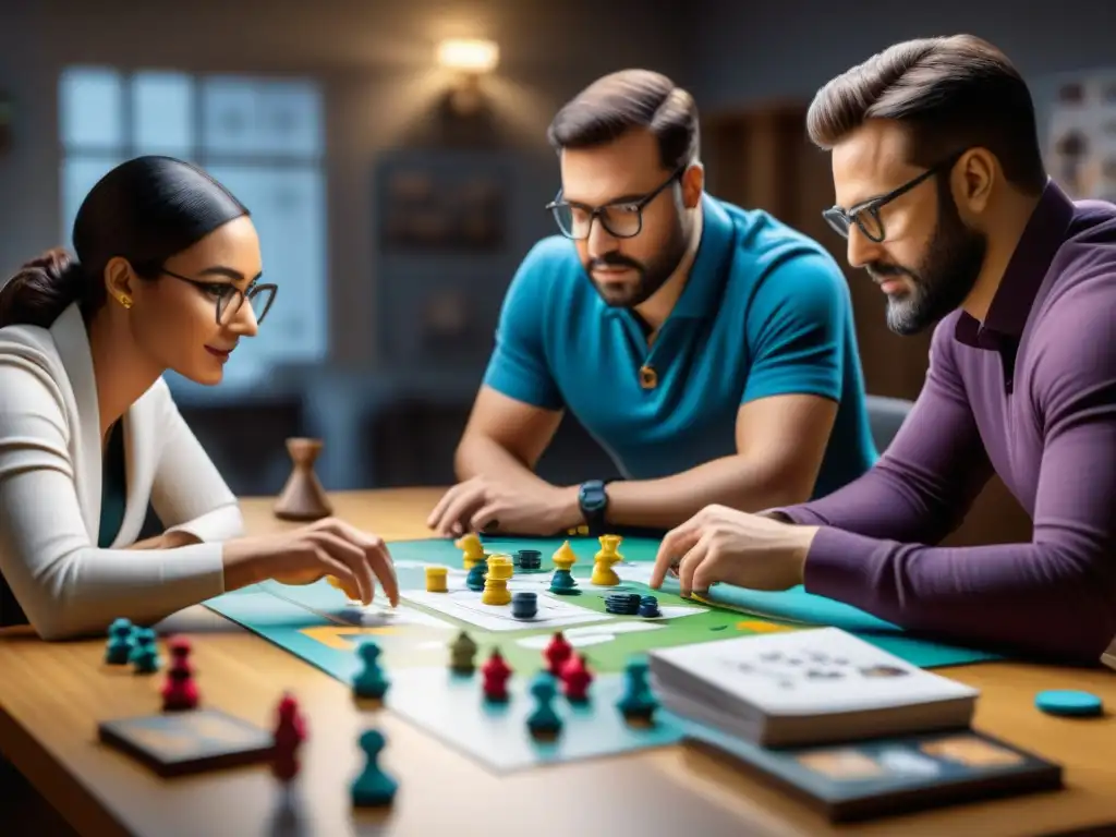 Un equipo diverso de diseñadores de juegos de mesa creando en una sala caótica y creativa