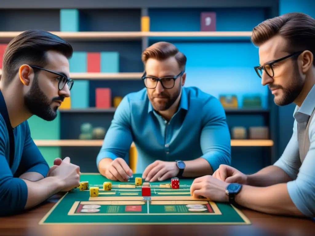 Un equipo diverso de diseñadores de juegos de mesa colaborando en una sala llena de elementos de juego