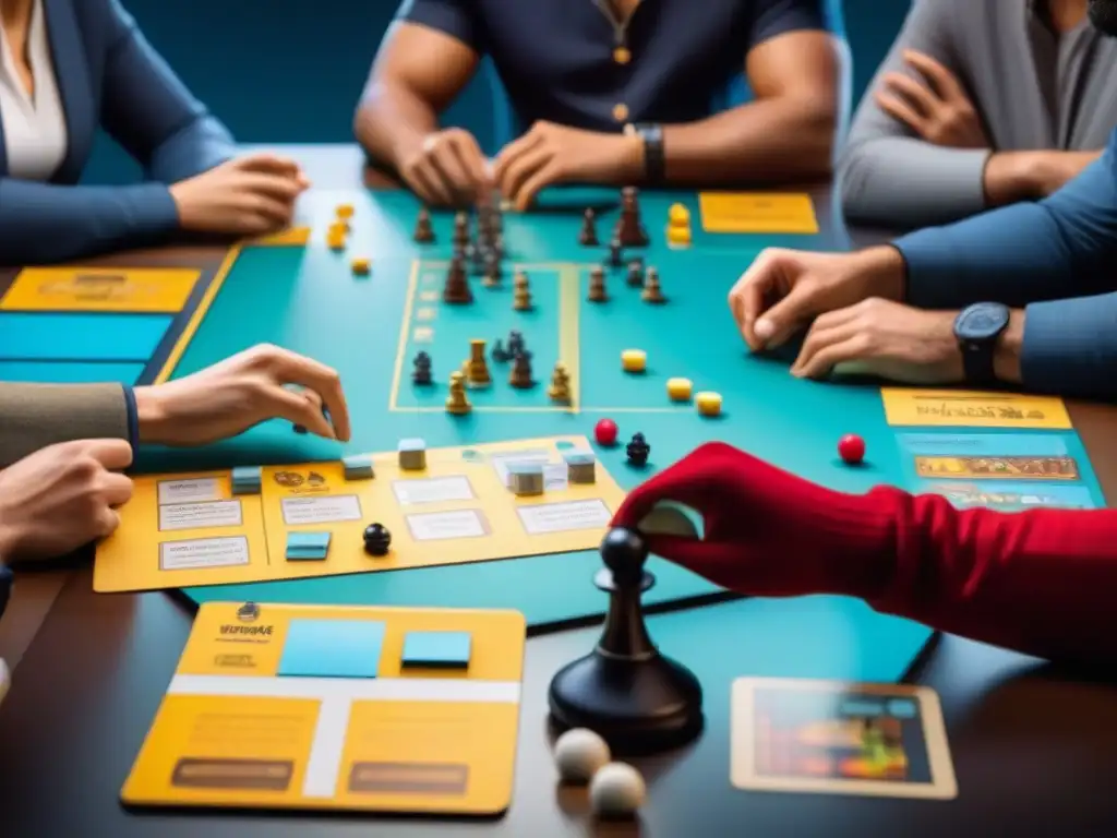 Un equipo diverso de diseñadores de juegos de mesa digital móvil colaborando en una sala llena de creatividad y color