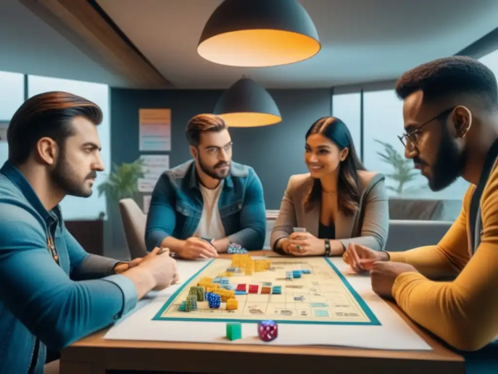 Un equipo diverso de diseñadores de juegos brainstorming en una sala llena de creatividad