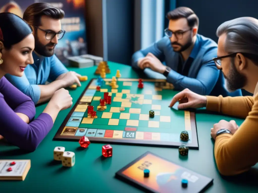 Equipo diverso discutiendo estrategias de lanzamiento de juegos de mesa en una sala creativa llena de prototipos y componentes coloridos