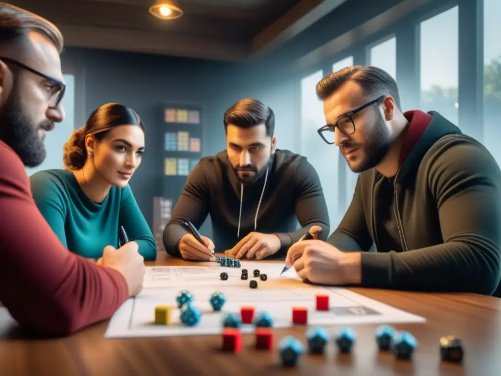 Equipo diverso en intenso proceso de creación de juego de mesa móvil, colaborando y debatiendo con pasión