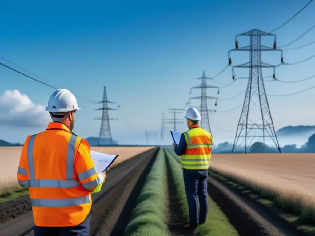 Un equipo de ingenieros inspecciona líneas de energía con precisión y estrategia en campo abierto bajo un cielo azul