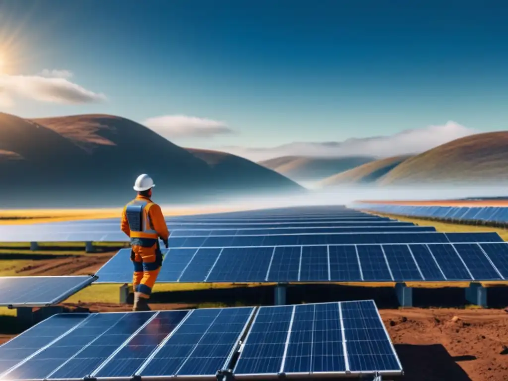 Un equipo de ingenieros instalando paneles solares avanzados en un campo extenso bajo la luz del sol