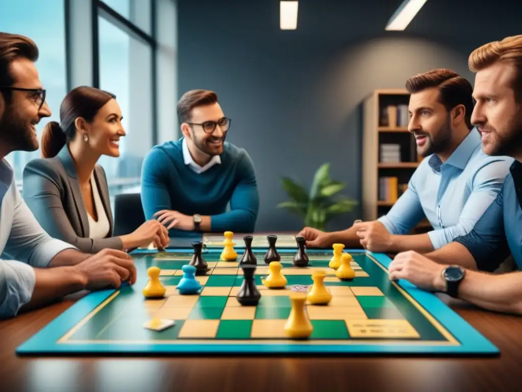 Equipo laboral disfrutando beneficios de juegos de mesa en oficina moderna