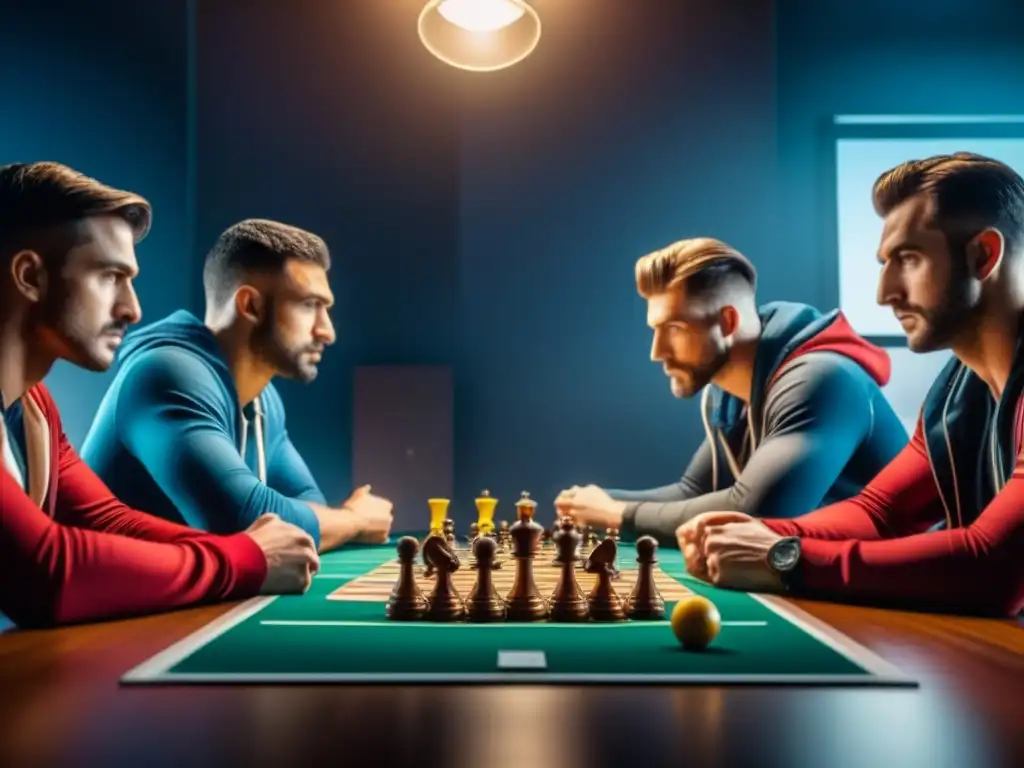 Equipo compitiendo en torneo mundial de juegos, concentración y emoción en sus rostros
