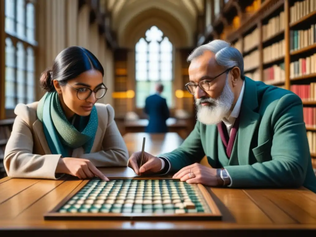 Dos eruditos colaboran en Oxford, uno estudia un pergamino y la otra señala una palabra en una ficha de Scrabble