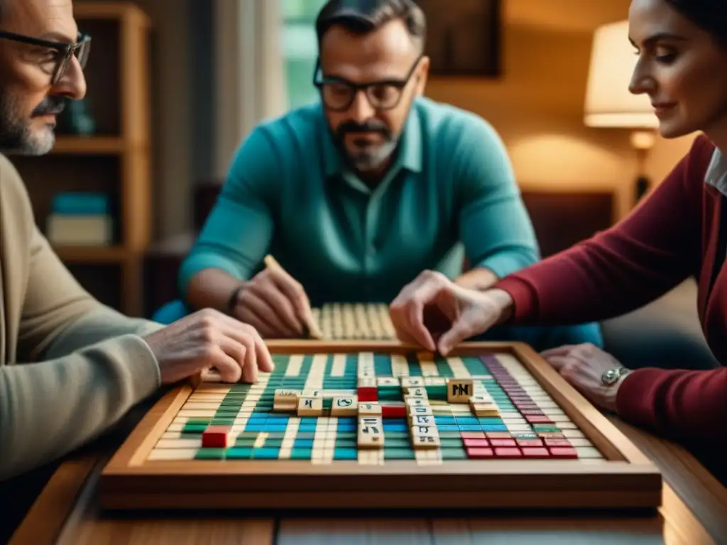 Una escena acogedora donde personas diversas disfrutan de una partida de Scrabble