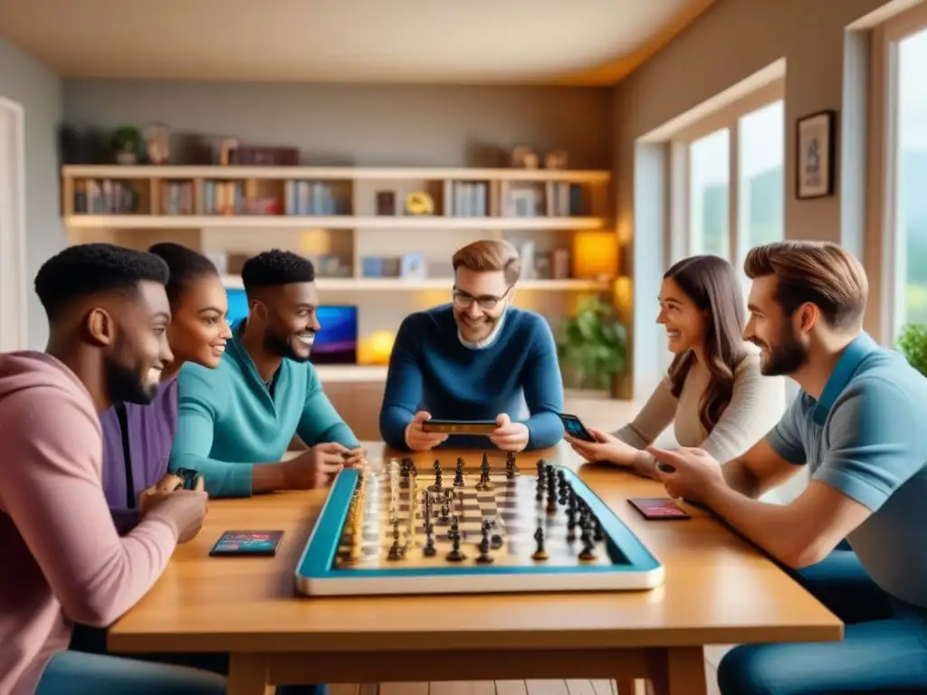 Una escena acogedora con personas de todas las edades disfrutando de juegos de mesa y apps educativas en una sala llena de diversión y aprendizaje