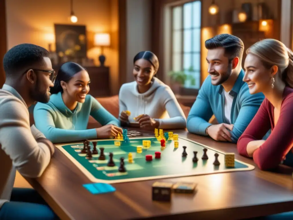 Una escena animada de amigos y familiares disfrutando de los mejores bundles de juegos de mesa en una noche llena de diversión y camaradería