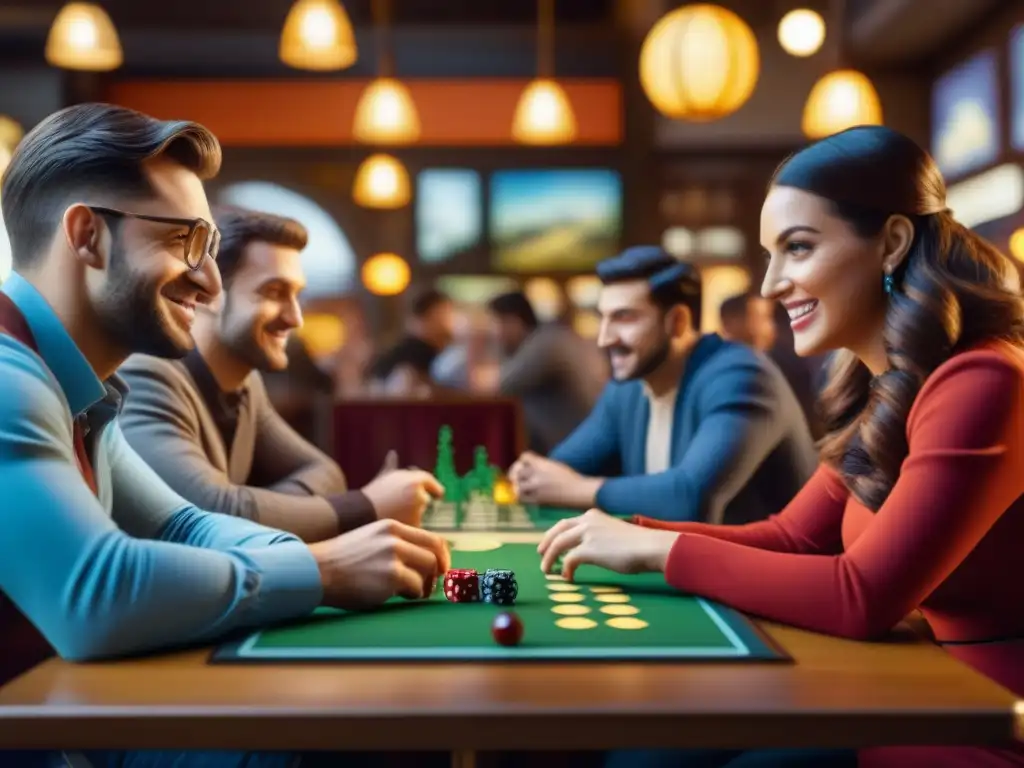 Una escena animada en un café con juegos de mesa, resaltando la camaradería y diversión