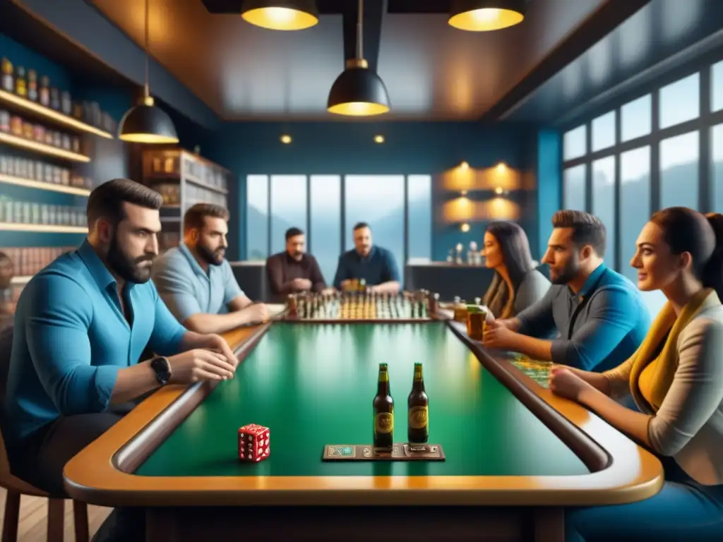 Una escena animada de café de juegos de mesa, con diversidad de jugadores inmersos en partidas intensas