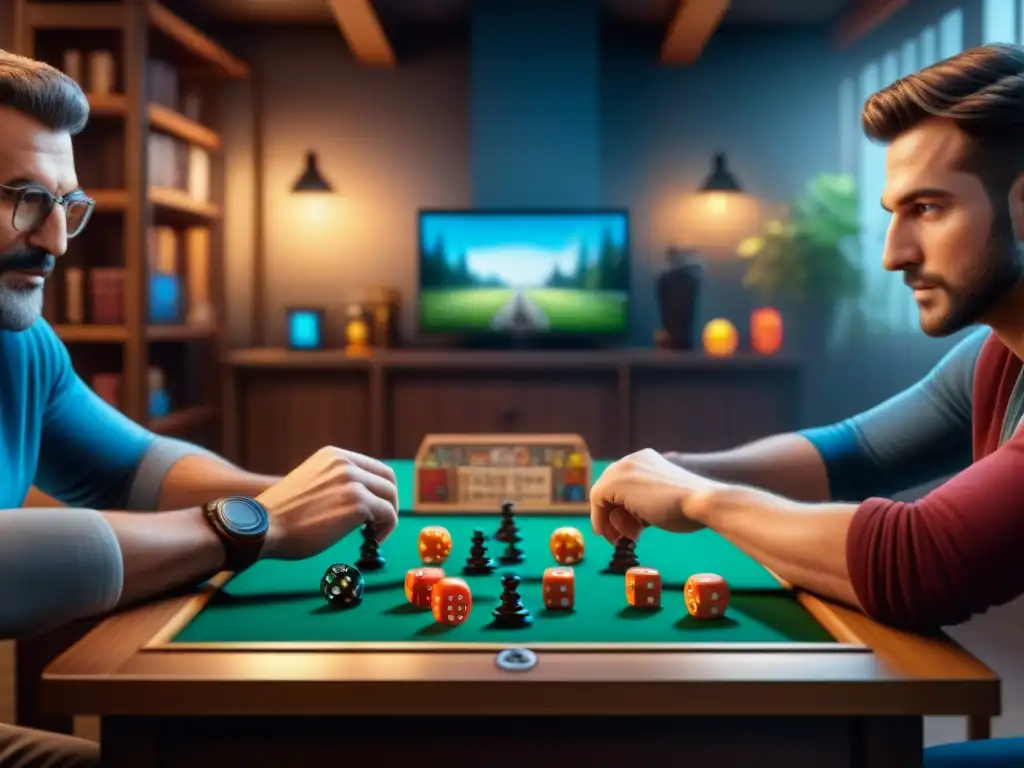 Una escena animada de juegos de mesa con diversidad de personas de todas las edades y fondos, inmersas en partidas apasionantes