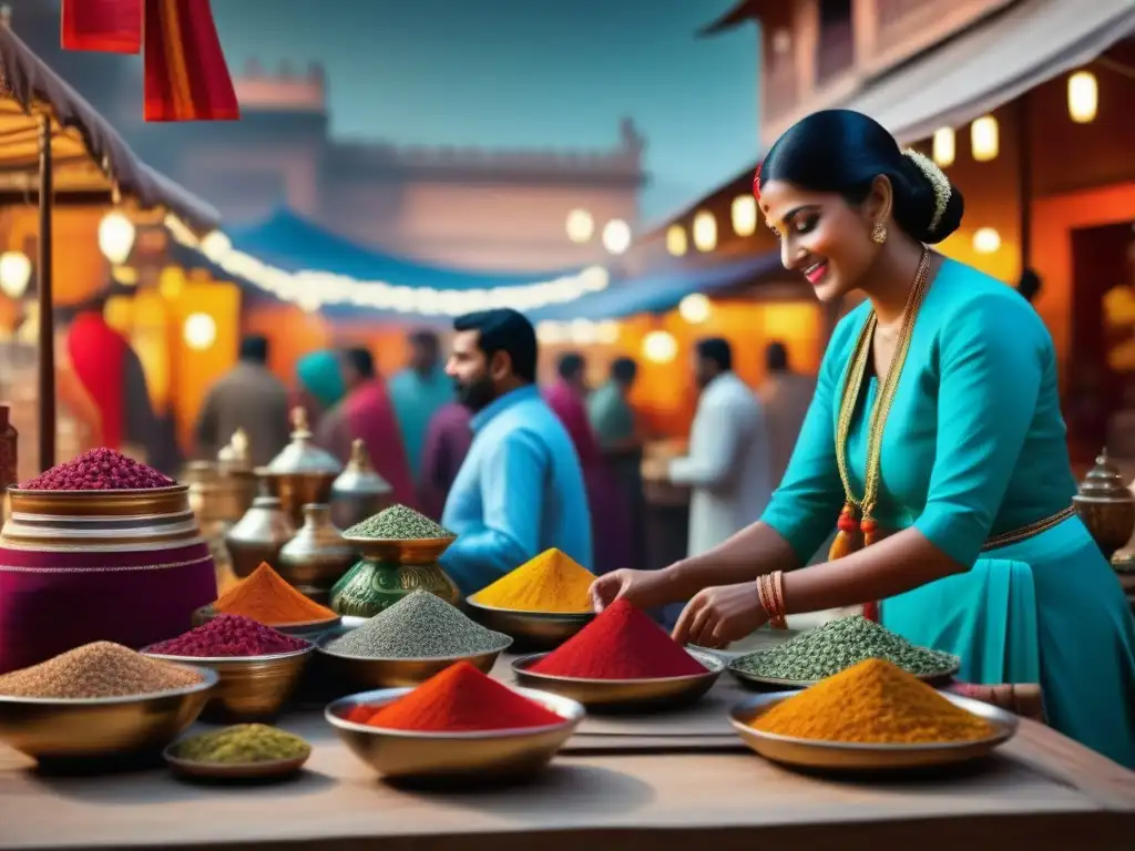 Escena animada de un mercado en Jaipur con especias, textiles y artesanías coloridas