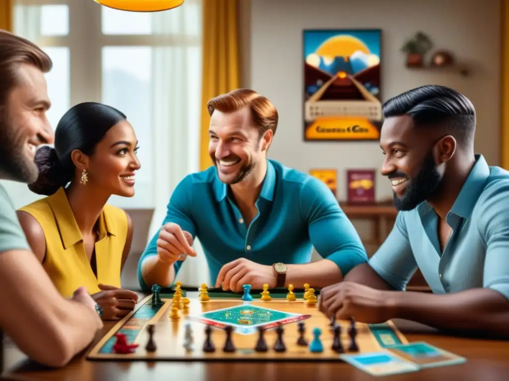 Una escena cálida y acogedora de amigos disfrutando de Juegos de mesa para principiantes en una mesa llena de diversión y estrategia