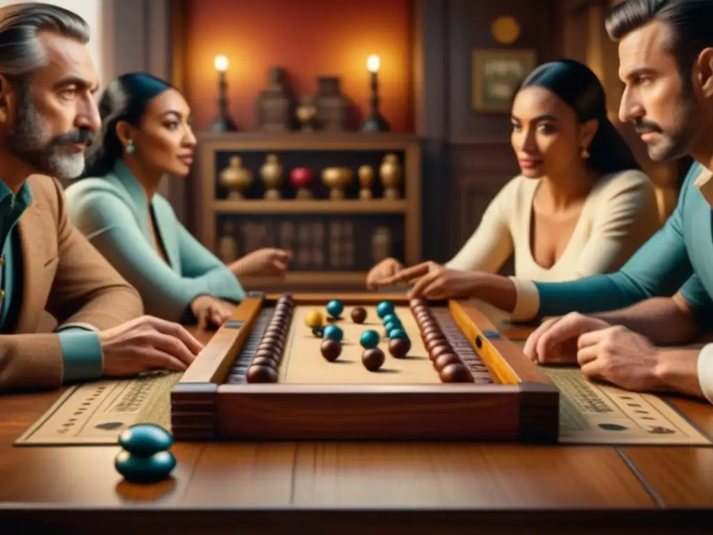 Juego de mesa ancestral: diversión y concentración en 8k Una escena cálida y acogedora de diversidad generacional disfrutando de juegos de mesa antiguos en una atmósfera de conexión humana y diversión