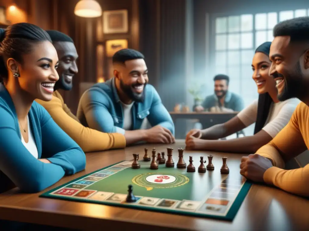 Una escena cálida y acogedora de diversidad racial en juegos de mesa, con personas sonrientes compartiendo momentos de camaradería