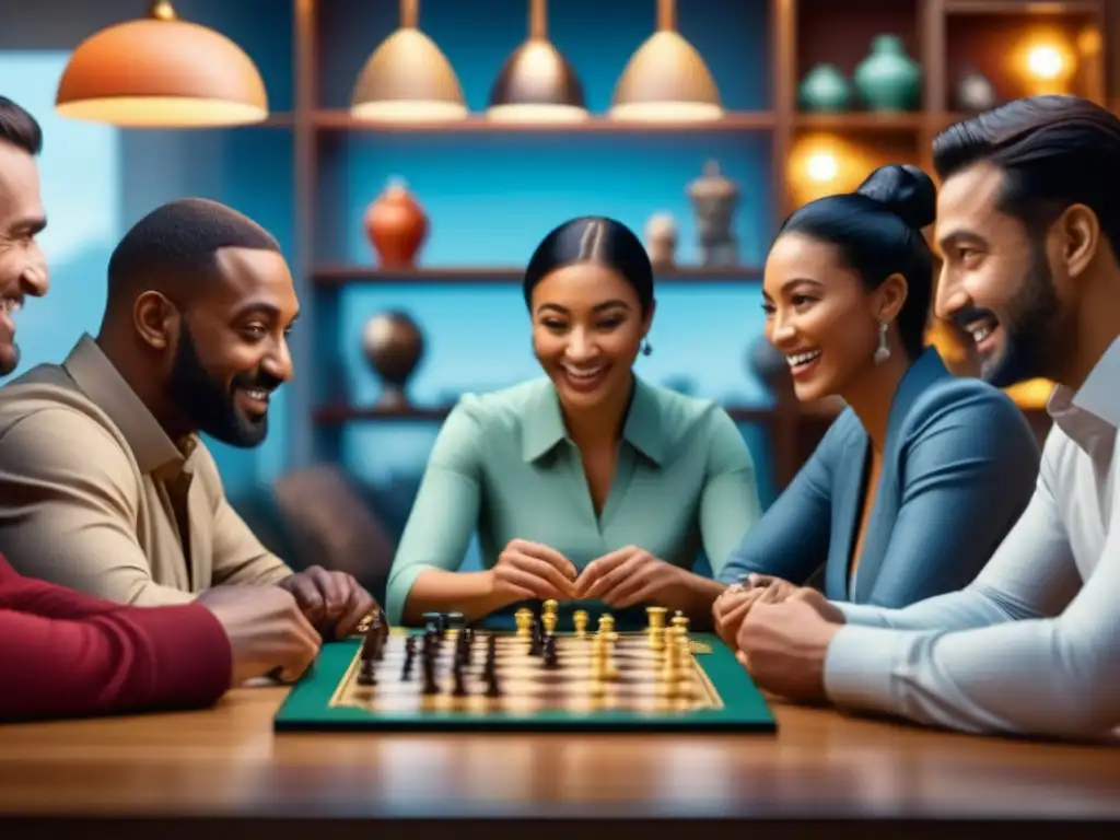 Una escena cálida y acogedora de diversidad y alegría en un juego de mesa, mostrando la fama mundial de esta historia