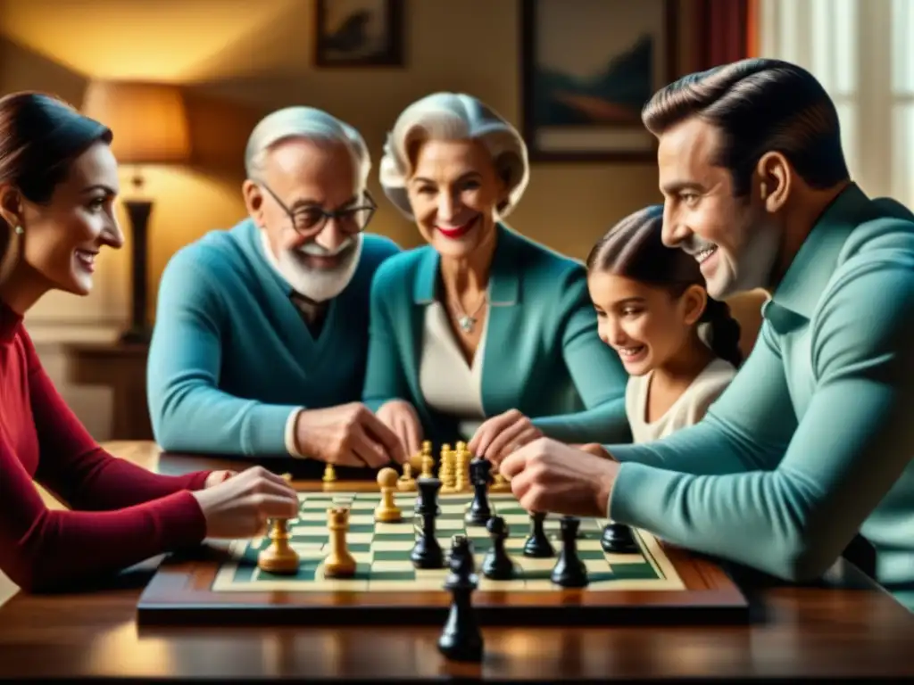 Una escena cálida y nostálgica de una familia multigeneracional disfrutando de juegos de mesa para familia