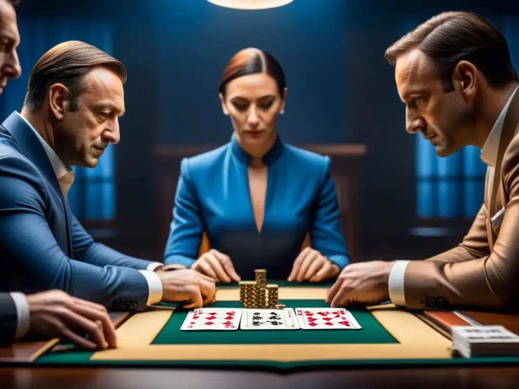 Una escena cautivadora de amigos concentrados y emocionados jugando el juego de mesa House of Cards, en una atmósfera de competencia