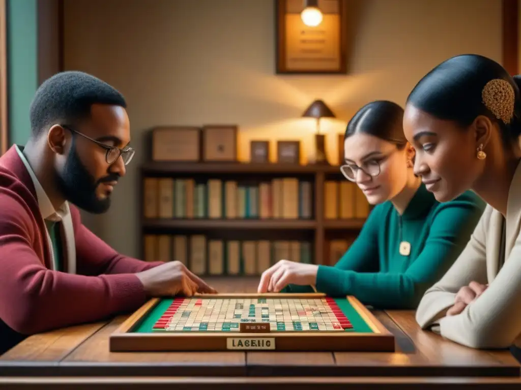 Una escena cautivadora de diversidad generacional disfrutando del Scrabble en un ambiente académico y acogedor