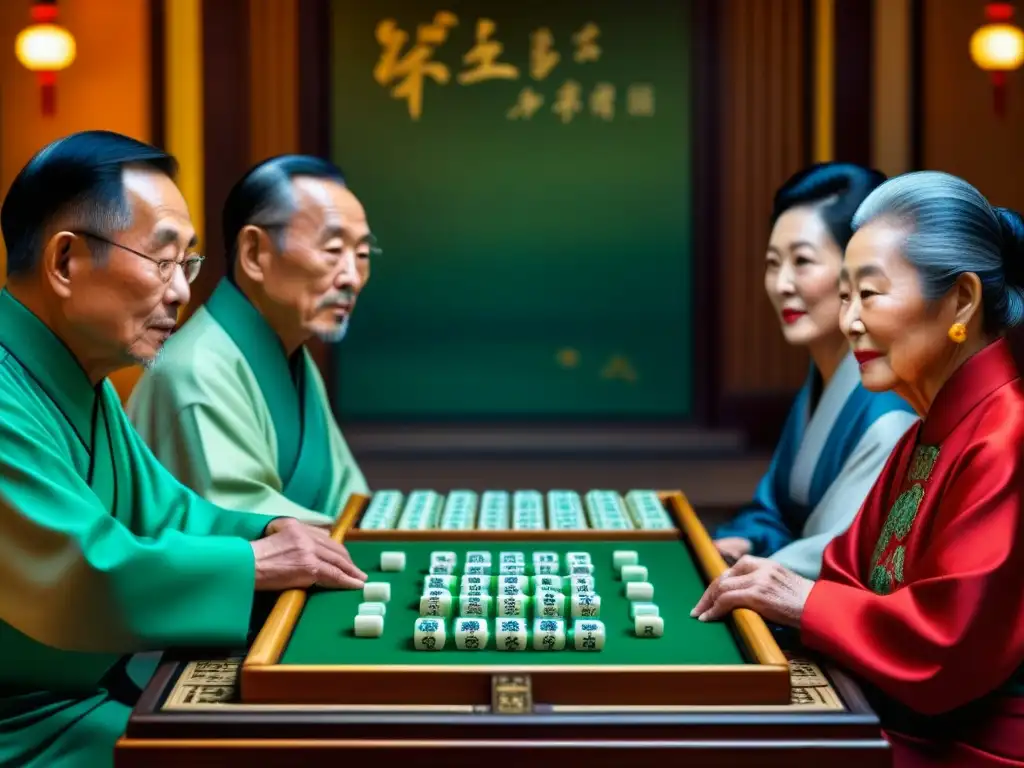 Partida de Mahjong: sabiduría y tradición en la penumbra Una escena conmovedora de ancianos chinos concentrados en el Mahjong, resaltando la historia del Mahjong en cultura