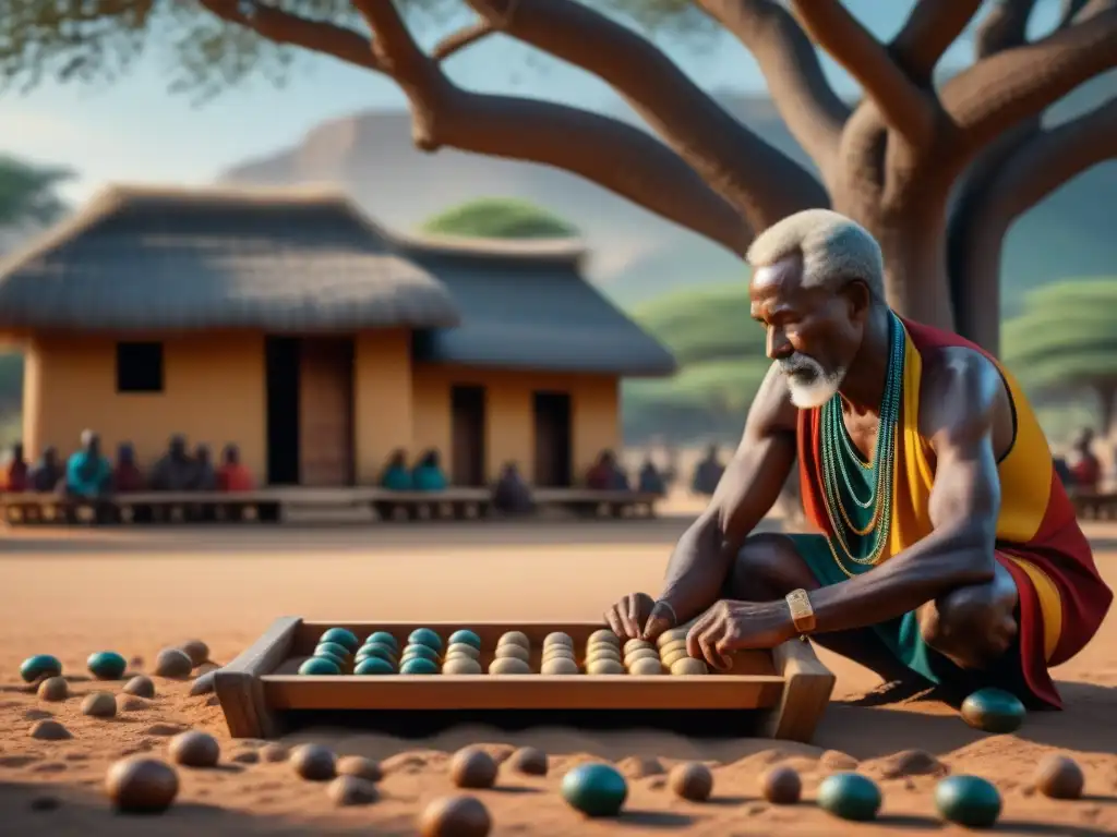 Escena detallada de una aldea africana antigua con ancianos jugando Mancala bajo un baobab