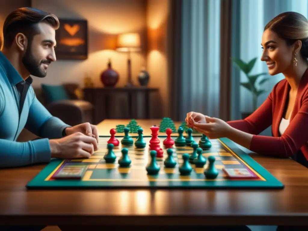 Una escena detallada de amigos disfrutando de juegos de mesa con intensa concentración y camaradería