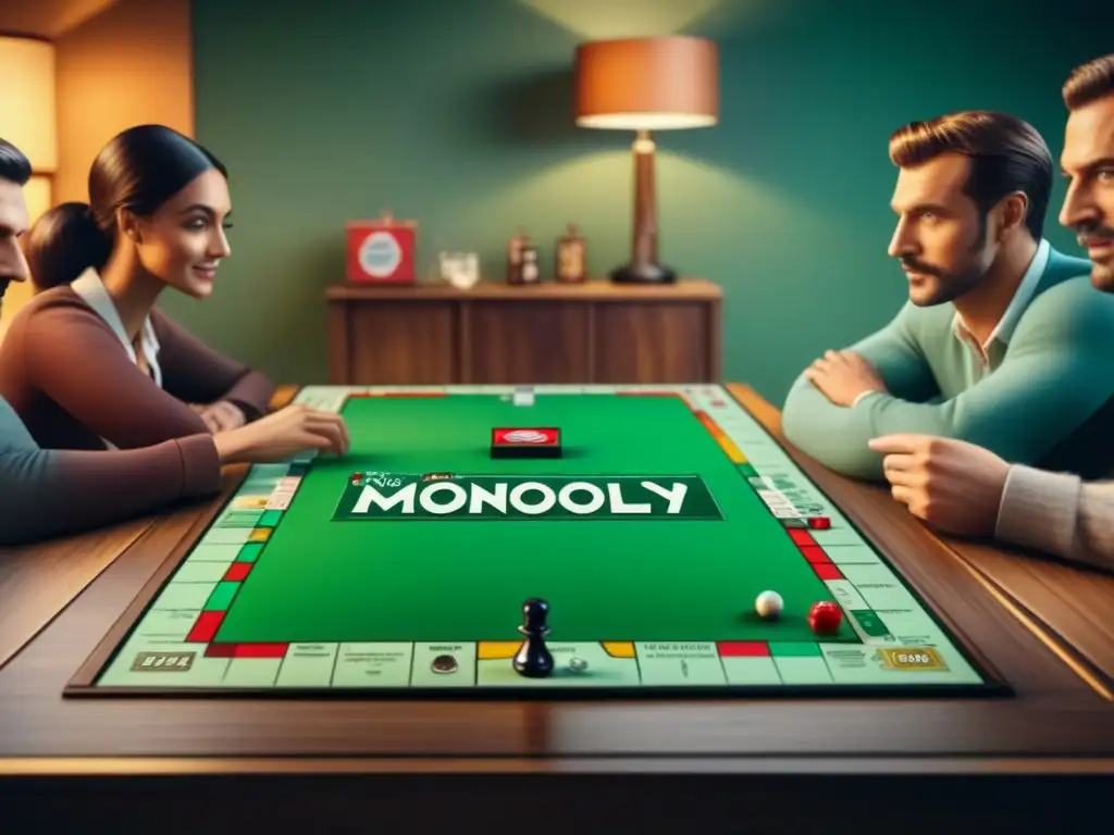 Una escena detallada: amigos disfrutan de Monopoly en sala llena de juegos de mesa icónicos, creando vínculos y emoción