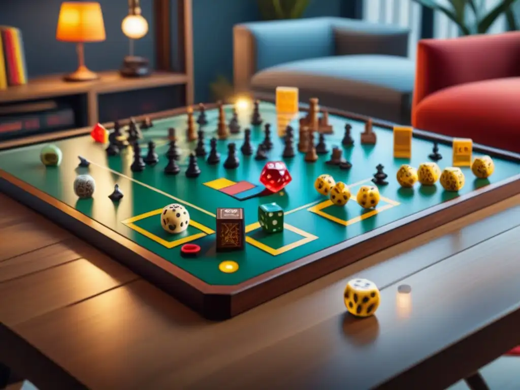 Escena detallada de juegos de mesa con amigos en un ambiente acogedor y emocionante