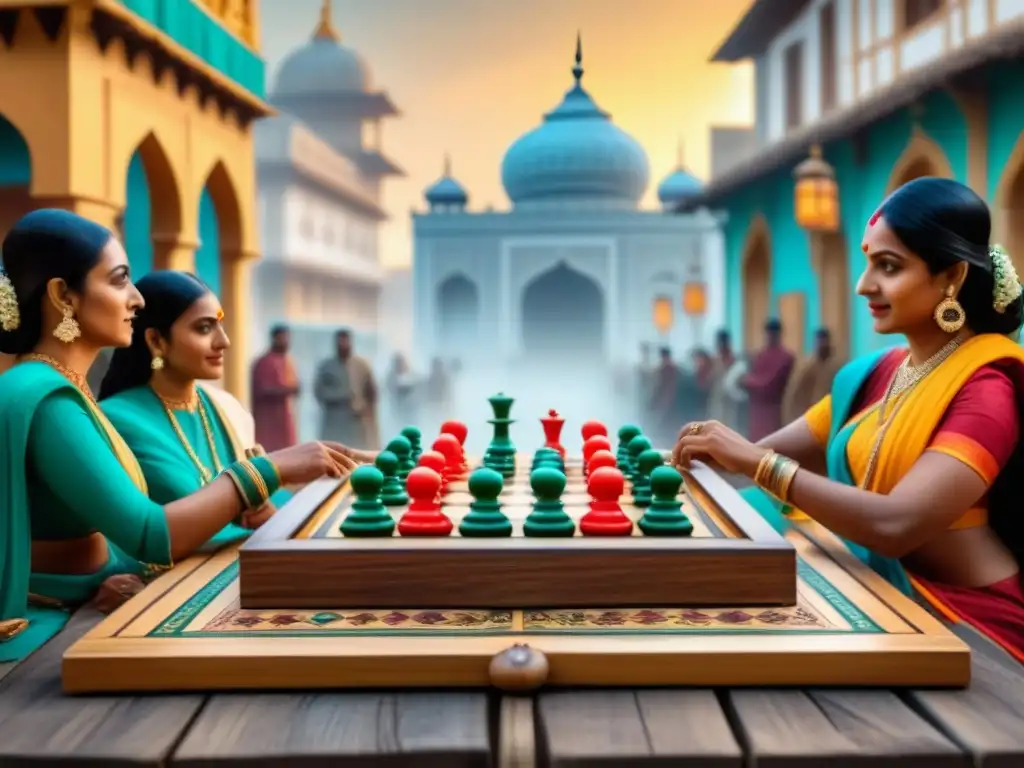 Escena detallada: realeza india juega Ludo tradicional en mercado histórico vibrante