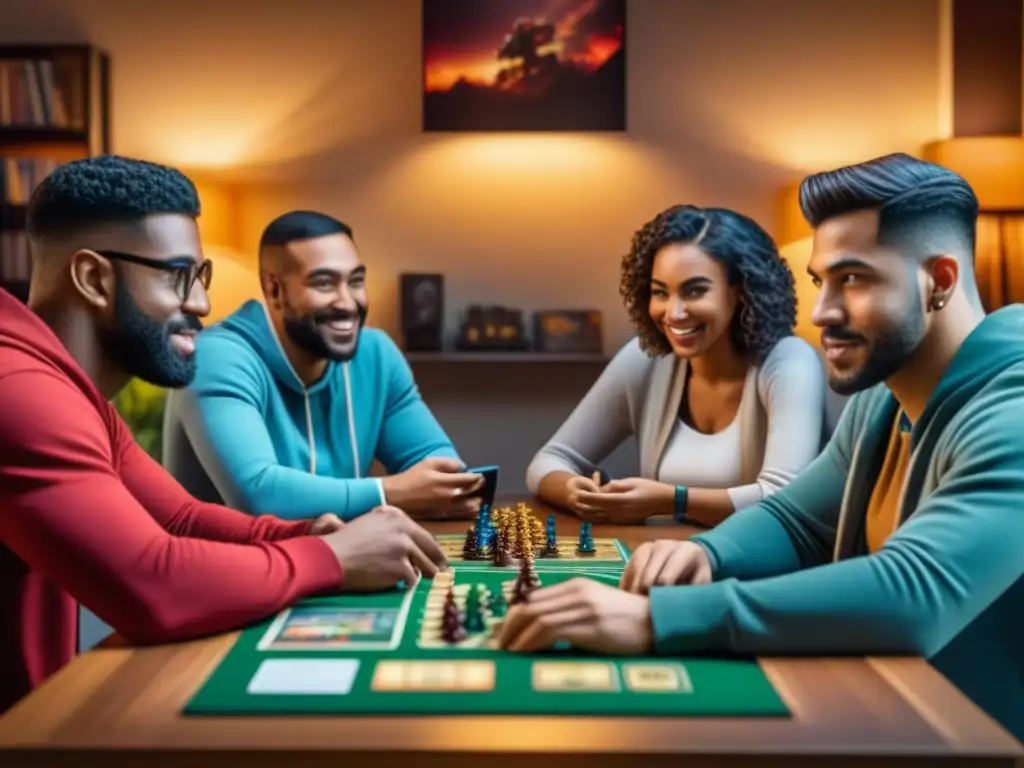 Una escena envolvente de amigos disfrutando de juegos de mesa, con expresiones de alegría y concentración